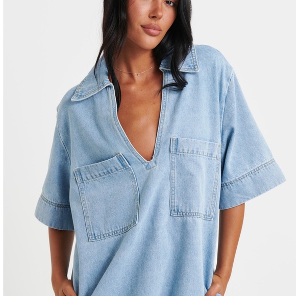 By Frankie Rhythm Mini Denim Dress is color Sky Blue - Picture 3 of 14